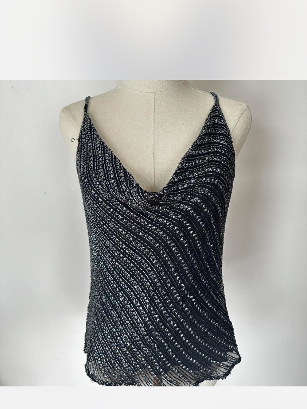 Beaded Navy Cowl Neck Camisole Top - Women's